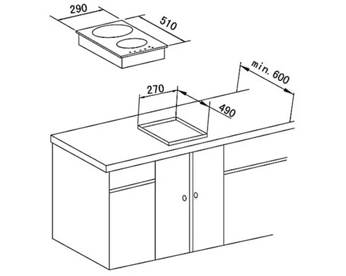 Schéma d''une table de cuisson avec les dimensions pour l''installation dans un bloc de cuisine