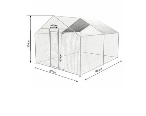 Image d''un poulailler avec des dimensions de 250 cm de hauteur, 300 cm de largeur et 400 cm de longueur.