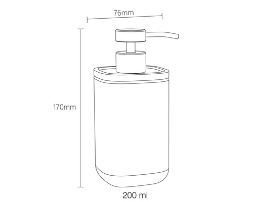 Abbildung eines Seifenspenders mit den Maßen 170 mm Höhe, 76 mm Breite und einem Fassungsvermögen von 200 ml.