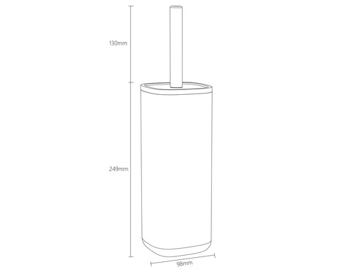 Technische Zeichnung einer WC-Garnitur mit den Maßen 98 mm Breite, 249 mm Höhe und 130 mm Tiefe.
