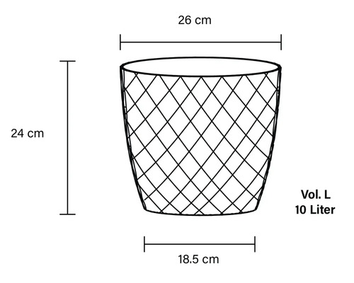 Technische Zeichnung eines Papierkorbs mit den Maßen 26 cm Breite, 24 cm Höhe, 18,5 cm Bodendurchmesser und 10 Liter Volumen.