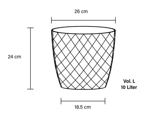 Skizze eines Abfallbehälters mit den Maßen 26 cm Breite, 24 cm Höhe und 18,5 cm Tiefe, Volumen 10 Liter