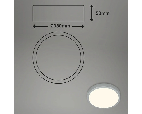 Abbildung einer Deckenleuchte mit Maßangaben Durchmesser 380 Millimeter und Höhe 50 Millimeter