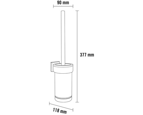 Dimensions d''un ensemble brosse WC mural avec une hauteur de 377 mm, une largeur de 118 mm et une profondeur de 90 mm.
