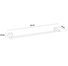 Porte-serviettes avec dimensions de 633 mm de longueur, 52 mm de hauteur et 85 mm de profondeur.