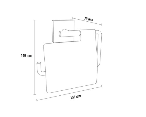 Technische Zeichnung eines Toilettenpapierhalters mit den Maßen 70 mm Tiefe, 140 mm Höhe und 150 mm Breite.