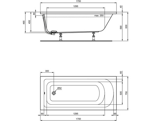 Technische Zeichnung einer Badewanne mit Maßangaben.