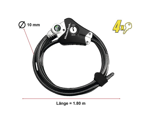 Master Lock Python Kabelschloss mit 10 mm Durchmesser und 1,80 m Länge inklusive vier Schlüssel