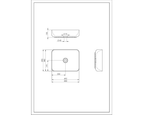 Schéma technique d''un lavabo à poser avec indication des dimensions.
