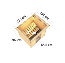 Massivholzsauna Karibu Anja inkl. 9 kW Bio Ofen u.ext.Steuerung mit Dachkranz und Holztüre mit Isolierglas wärmegedämmt