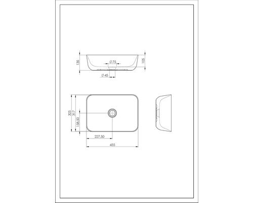 Schéma technique d''un lavabo à poser avec indications de dimensions