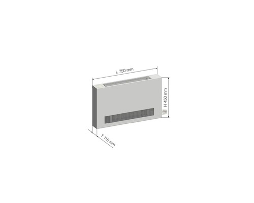 Abbildung eines Heizkörpers mit den Maßen Länge 750 mm, Höhe 450 mm und Tiefe 115 mm