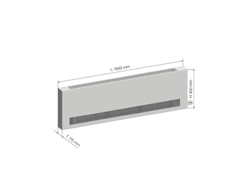 Konvektor mit den Maßen 1500 mm Länge, 450 mm Höhe und 115 mm Tiefe.