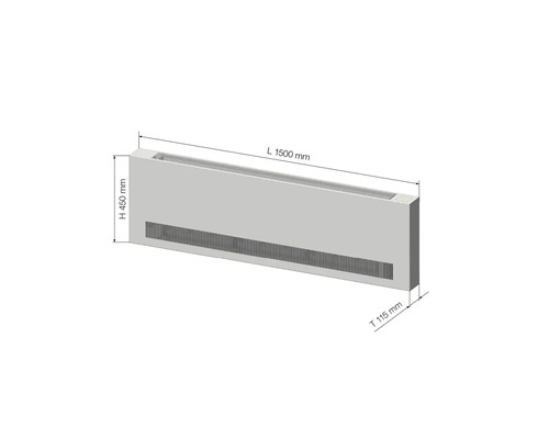 convecteur de sol avec les dimensions suivantes : longueur 1500 mm, hauteur 450 mm et profondeur 115 mm