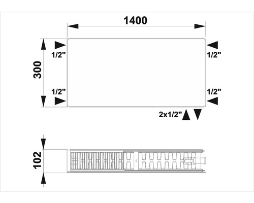 Schéma technique d''un radiateur avec dimensions en millimètres et en pouces