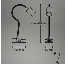 Technische Zeichnung einer Klemmleuchte mit den Maßen 100 mm, 60 mm und maximal 460 mm