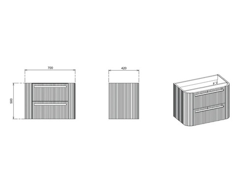 Technische Zeichnung eines Waschtischunterschranks mit Schubladen, Maße 700x420x500 mm