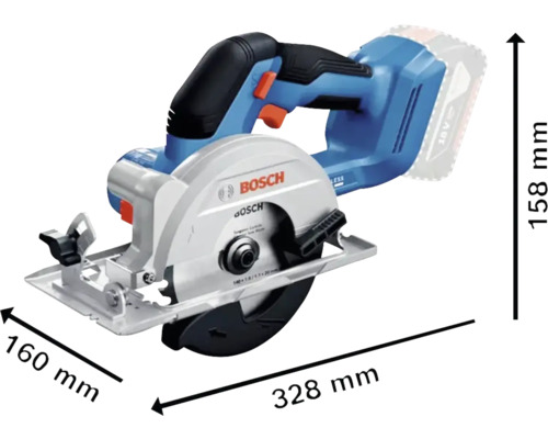 Scie circulaire à main sans fil Bosch avec des dimensions de 160 mm x 328 mm x 158 mm