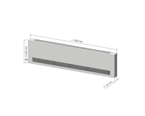Bodenkonvektor mit den Maßen 1750 mm Länge, 450 mm Höhe und 115 mm Tiefe.