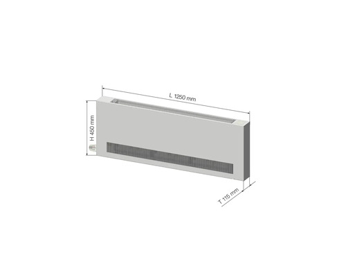 Konvektor mit den Maßen Länge 1250 mm, Höhe 450 mm und Tiefe 115 mm.