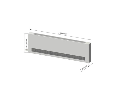 Radiateur de bâtiment avec des dimensions de longueur 1500 mm, hauteur 450 mm et profondeur 115 mm.