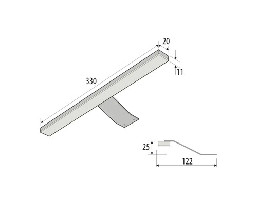 Schéma technique d''un angle métallique de 330 millimètres de long avec les dimensions 20 sur 11 millimètres