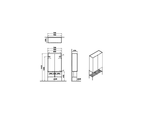 Schéma technique d''une armoire de salle de bains avec dimensions
