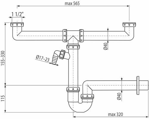 Schéma technique d''un siphon avec indication des dimensions
