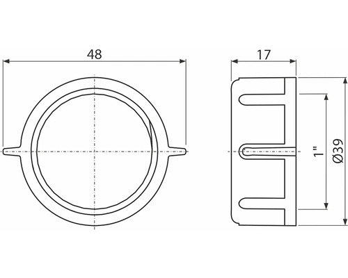 Technische Zeichnung einer Rohrmanschette mit den Maßen 48 Millimeter, 17 Millimeter und einem Durchmesser von 39 Millimeter.