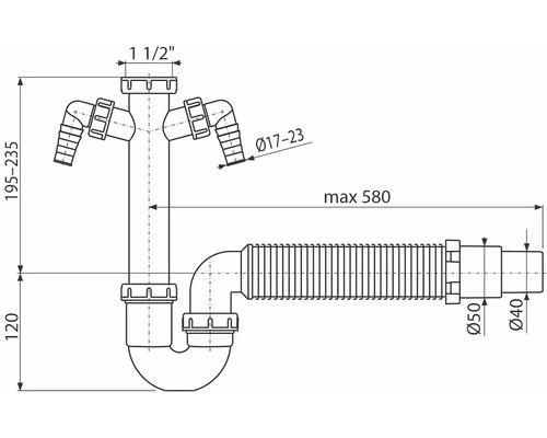 Schéma technique d''un siphon avec raccord d''appareil et indications de dimension