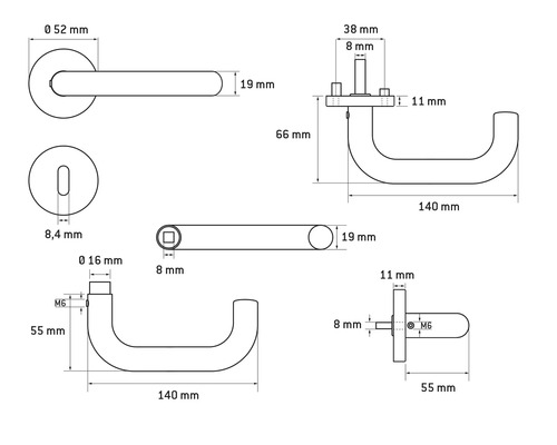 Technische Zeichnung eines Türgriffs mit Maßangaben
