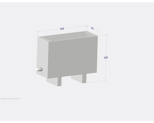 Image d''un chauffe-eau avec des dimensions de 600, 230 et 500 millimètres.