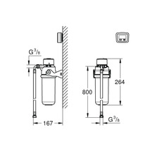 Technische Zeichnung eines Wasserfilters mit Maßangaben.