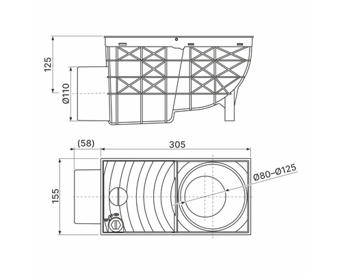 Technische Zeichnung einer Revisionsbox mit Abmessungen