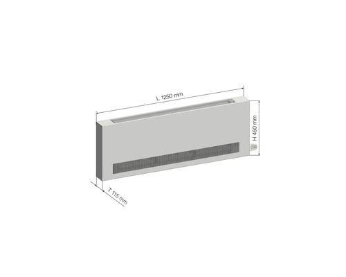 Konvektor mit den Maßen Länge 1250 mm, Höhe 450 mm und Tiefe 115 mm.