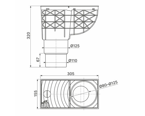 Technische Zeichnung eines Dachrinnenkastens mit Maßangaben