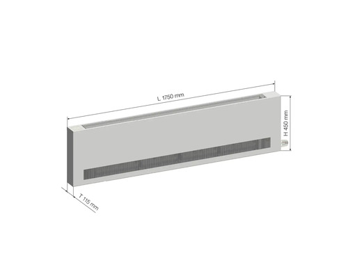 Heizkörperkonvektor mit den Maßen Länge 1750 mm, Höhe 450 mm und Tiefe 115 mm.