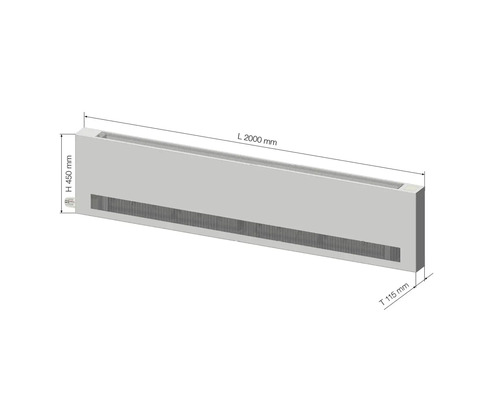 Konvektorheizkörper mit den Maßen 2000 mm Länge, 450 mm Höhe und 115 mm Tiefe.