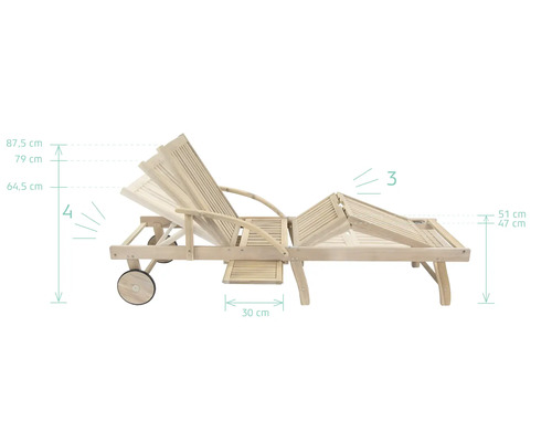 Chaise longue en bois avec dossier réglable et roulettes, dimensions indiquées