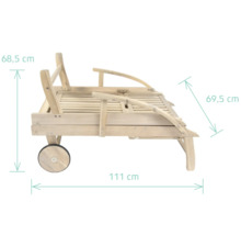 Dimensions d''un transat de jardin en bois avec roues : 68,5 cm de haut, 111 cm de long et 69,5 cm de large.