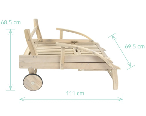 Dimensions d''un transat de jardin en bois avec roues : 68,5 cm de haut, 111 cm de long et 69,5 cm de large.