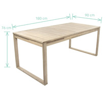 Holzesstisch mit den Maßen 180 cm x 90 cm und einer Höhe von 76 cm.