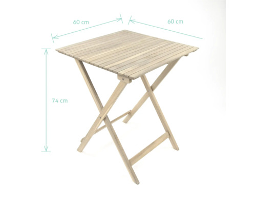 Table pliante carrée en bois, plateau de 60 sur 60 centimètres, hauteur de 74 centimètres