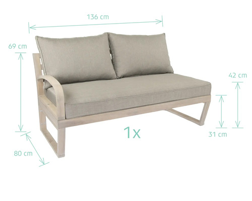 Canapé de jardin deux places avec coussins clairs et indications de dimensions