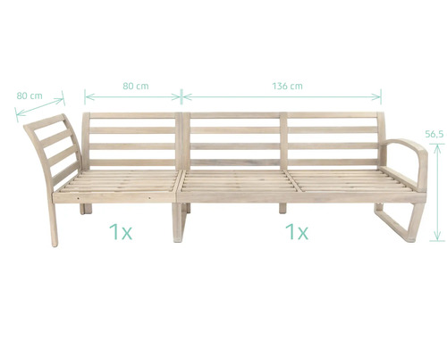 Banc en bois avec des dimensions de 80 cm, 80 cm, 136 cm et 56,5 cm