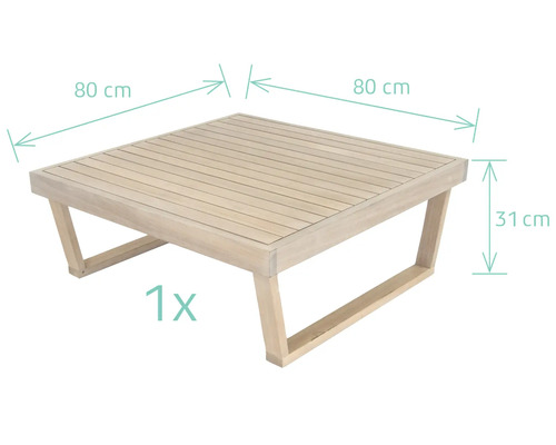Table de jardin carrée en bois mesurant 80 x 80 x 31 cm.