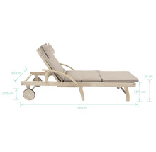 Chaise longue en bois avec roulettes et coussin beige, dimensions indiquées