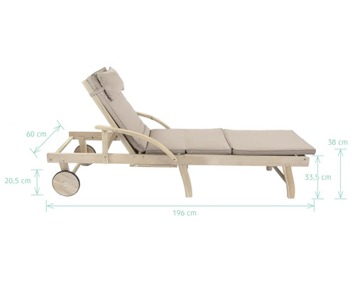 Chaise longue en bois avec roulettes et coussin beige, dimensions indiquées