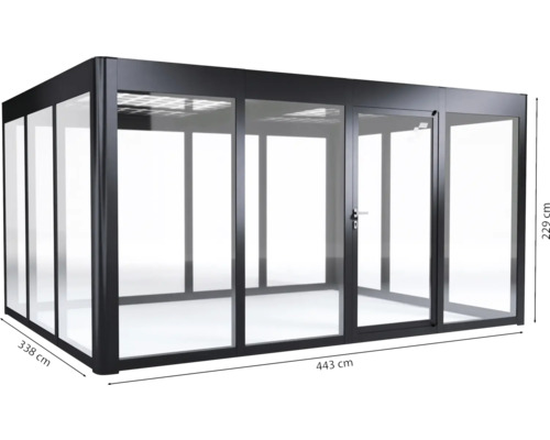 Construction en verre avec porte, 443 x 338 x 229 cm