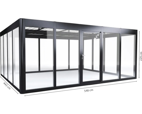 Pergola de terrasse autoportante avec parois en verre et dimensions de 548 x 443 x 229 centimètres.
